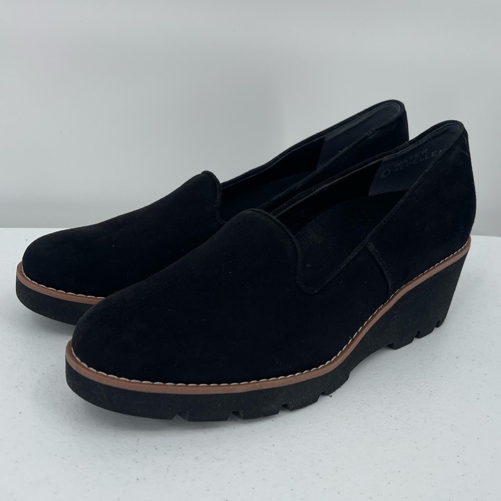 Vionic Willa Wedge Loafer black velvet chunky platform wedge comfort slip on
